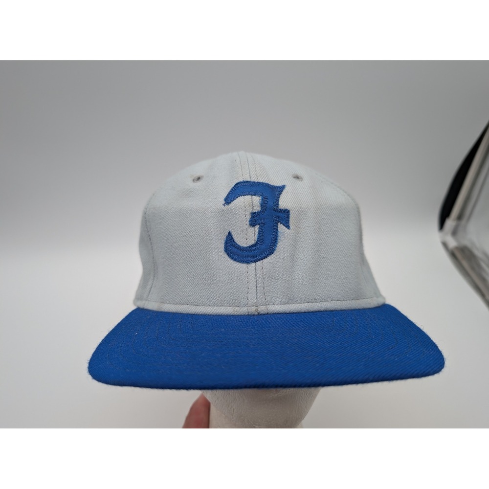Vintage DeLONG Snapback Hat Grey Blue Letter F Baseball Cap Made in USA Med-LG